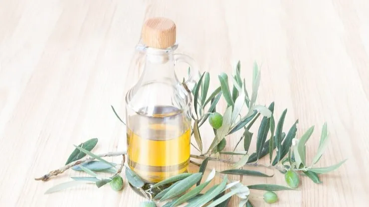 Olive leaf extract in clear bottle with olive branches, natural antioxidant ingredient.