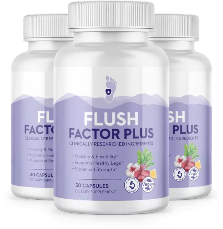 Flush Factor Plus supplement bottles — plant-based support for leg comfort
