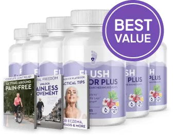 6-bottle bundle of Flush Factor Plus natural supplement for heavy legs