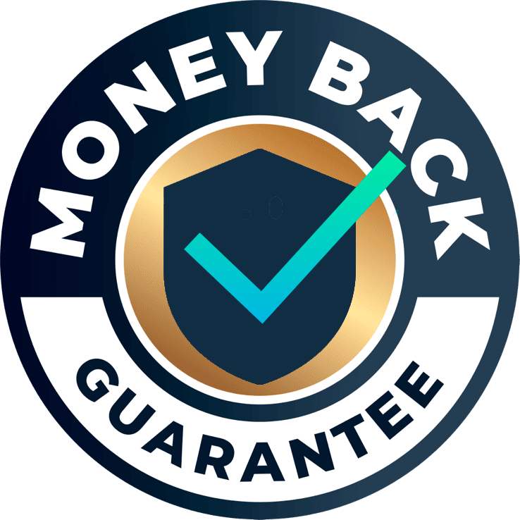 Money-back guarantee badge with shield and check mark symbolizing purchase protection